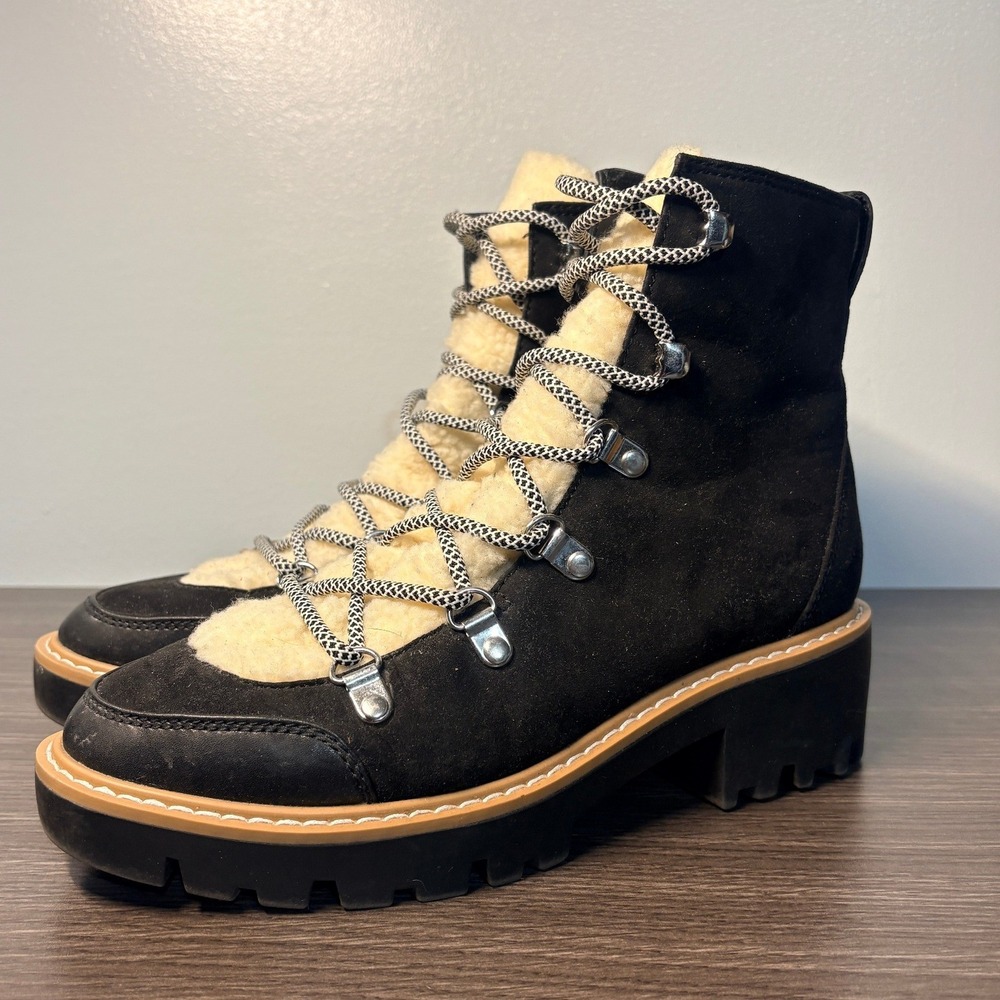 The Drop Jane Black Faux Shearling Hiker Boots Lug Sole Block Heel Womens 7M